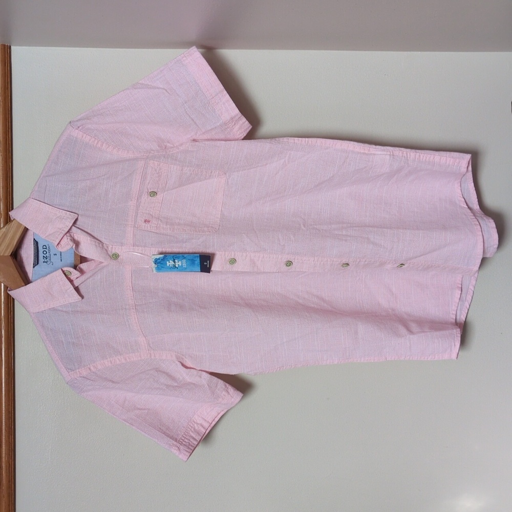 NWT IZOD Saltwater Mens S 100% Cotton Pink Short Sleeve Button Down Up Shirt 🌴